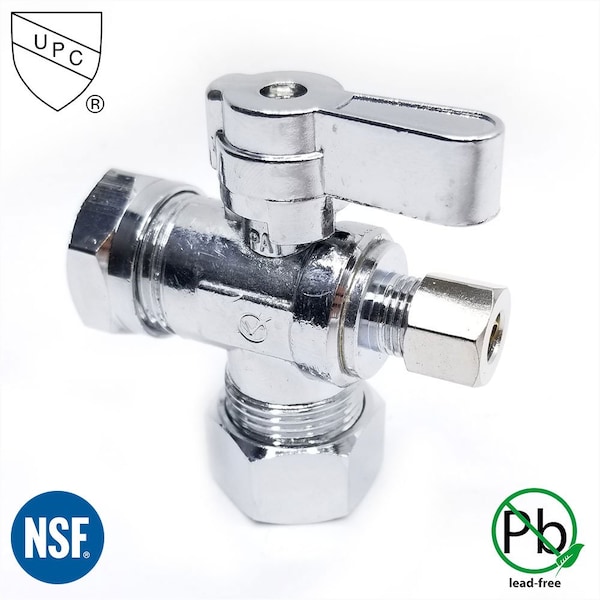 Thrifco Plumbing 5/8 Inch Comp x 1/2 Inch Slip Joint x 3/8 Inch Comp Quarter Turn Brass Angle Stop Valve 4406489 - main